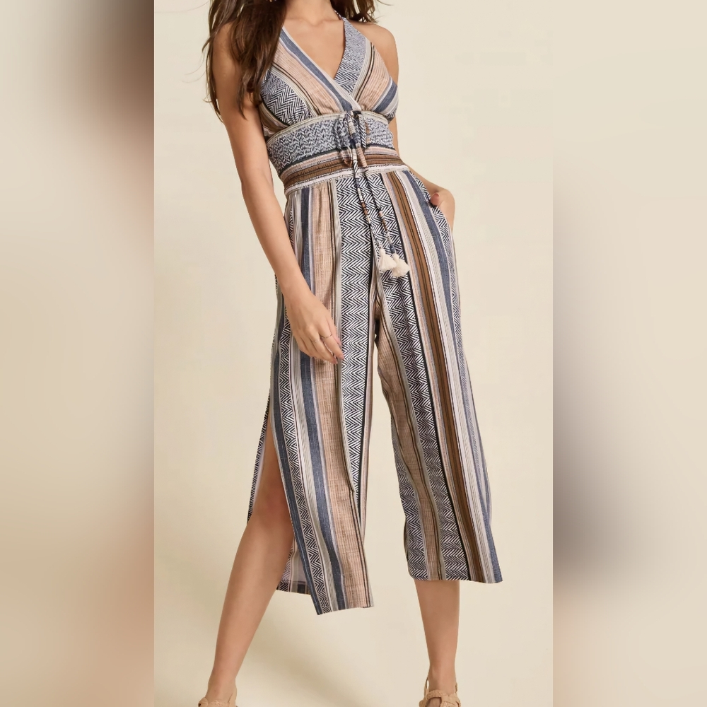 VENUS Striped Jumpsuit - Black, Brown, White
